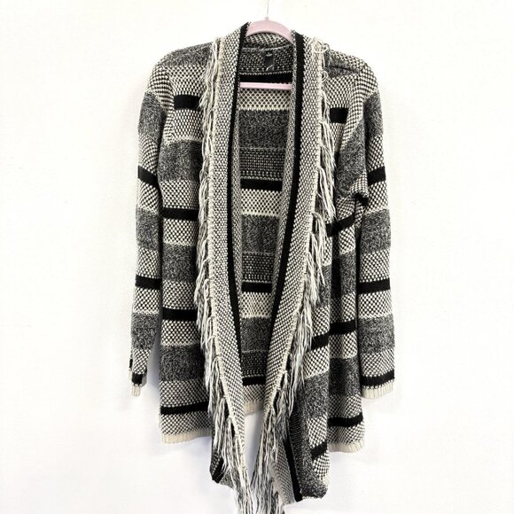GNW Fringed Knit Cardigan Women Large Draped Waterfall Front Knee Length Black - Picture 1 of 7